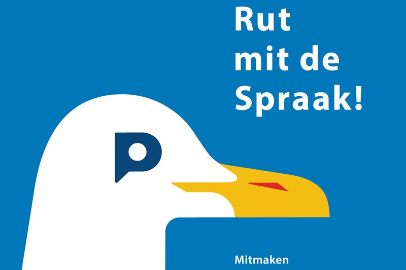 Titelbild Plattdeutsche Woche in Rendsburg-Eckernförde - grafisch dargestellter Mövenkopf schaut von links unten auf das Moto Rut mit de Spraak